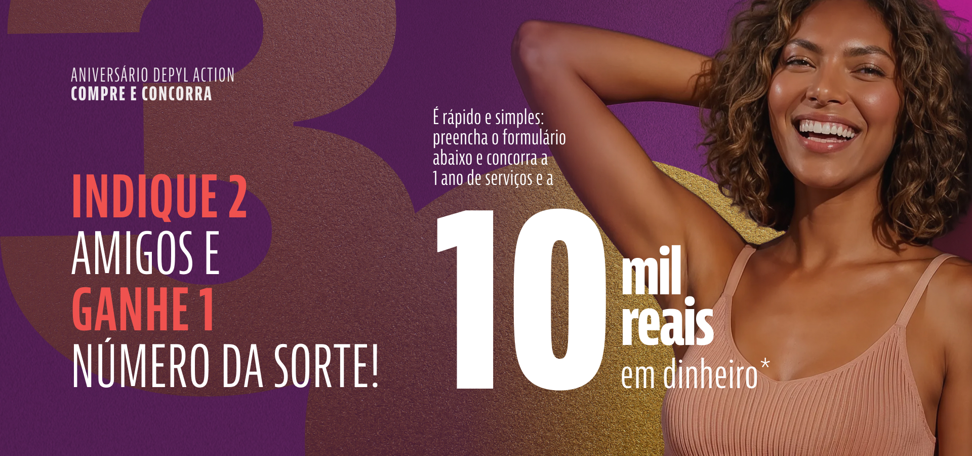 Mulher sorrindo, ensaio da campanha de aniversário Depyl Action